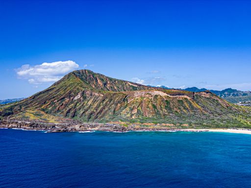 An aerial view of Koko Crater and the East Coast shoreline cliffs on the island of O'ahu in Hawaii