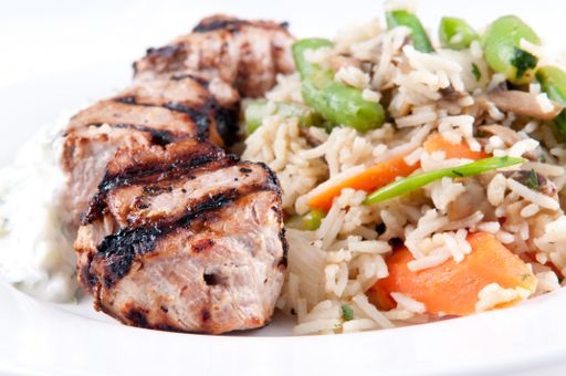 homemade tzatziki with grilled lamb kabobs, rice and vegetables. This is a heart healthy meal.
