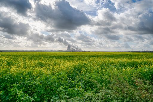A green grassy land with clouds of smoke rising from the nuclear power plant in the background
