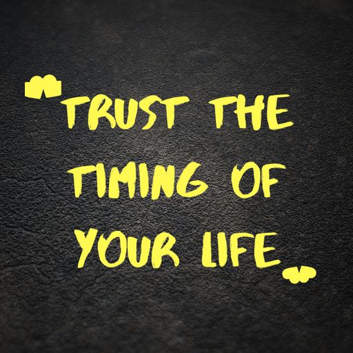 A yellow quote reading "Trust the timing of your life" on the black background