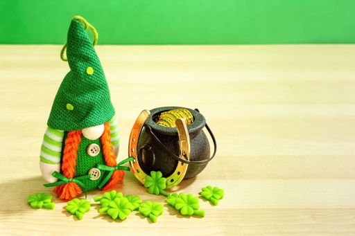 A closeup shot of an Irish Gnome with shamrock and horseshoe
