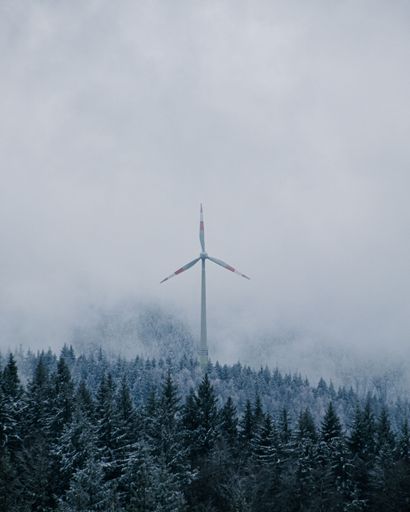 A vertical shot of a wind turbine in the middle of a coniferous forest under the cloudy sky