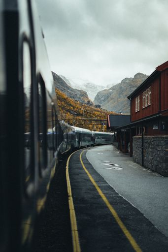 A view from the train window of long wagons at the station near mountain forests