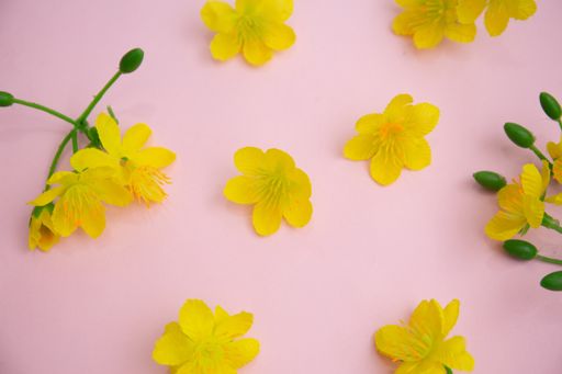 An overhead shot of artificial small yellow flowers on a pink background