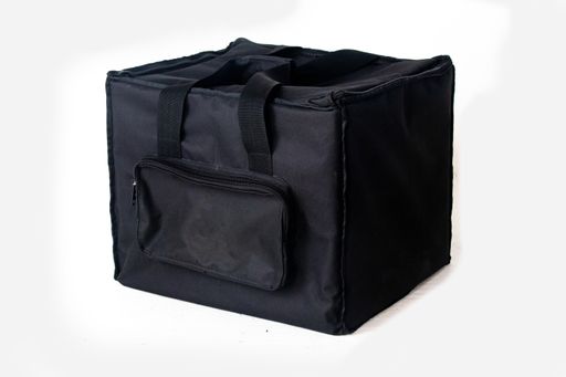 A closeup shot of a black luggage bag with a side pocket on the white background