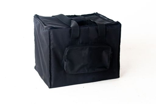 A closeup shot of a black luggage bag with a side pocket on the white background