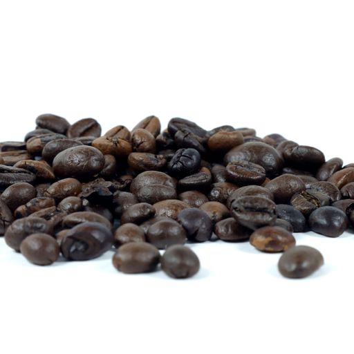 A pile of freshly roasted coffee beans isolated on white background