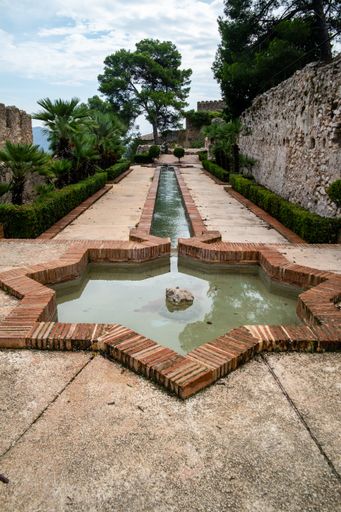 A vertical shot of a water fountain in the ground surrounded by tropical trees in Xativa, Spain