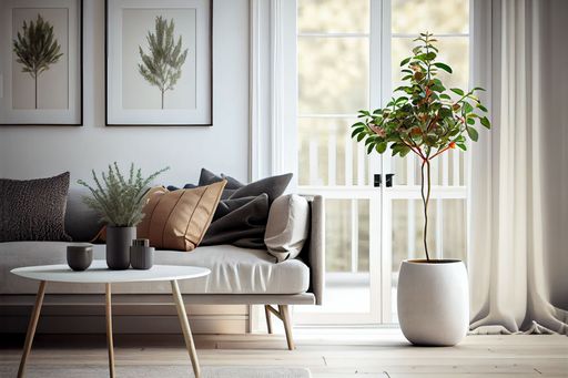 A cozy living room with a couch, coffee table and potted plant