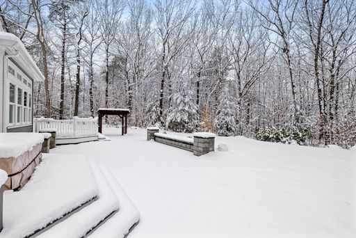 This image shows a house covered in snow, sitting next to trees and a walkway