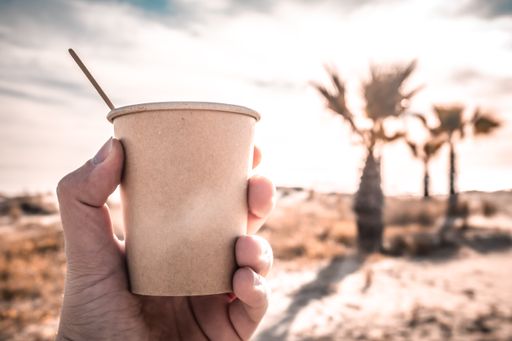 A hand holding a coffee with milk on a brown disposable paper cup against cloudy sky