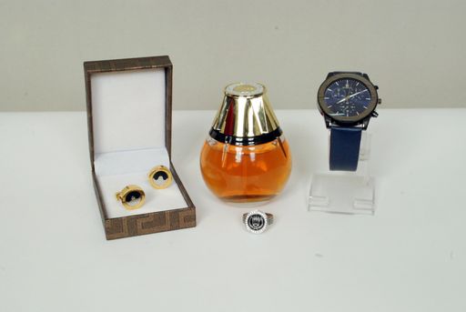 set of Men fashion clothing accessories,perfume bottle,silver ring,cuff links and wrist watch