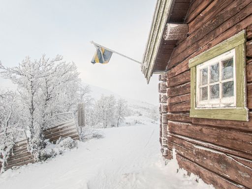 A wintery scene of a charming, cozy log cabin nestled in the middle of a snowy Swedish forest