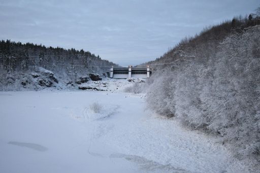 This image captures a desolate view from an area that looks like a barren lake and snow-covered mountains