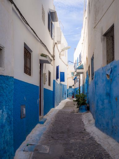 Small cozy streets in blue and white on a sunny day in the old city Kasbah of the Udayas - UNESCO heritage site. Rabat, Morocco