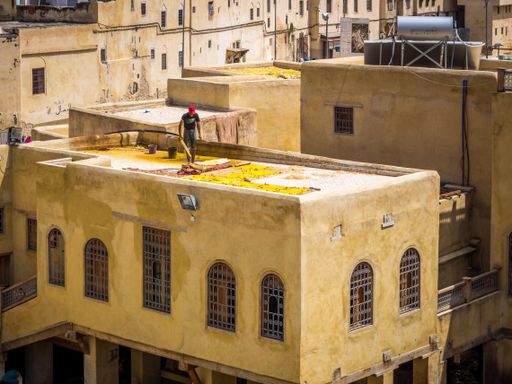 Workers are dyeing leather at the tannery in Fez, Fes el Bali, Morocco, Africa