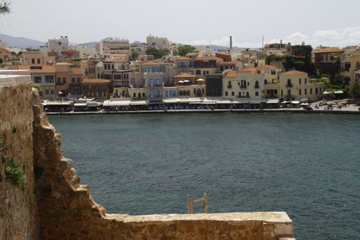 A panoramic shot of the Venetian Harbor in Chania Greece under cloudy skies