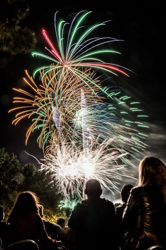 A vertical shot of people watching the fireworks in the night sky of Madrid