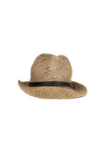 A closeup shot of a straw hat isolated on white background