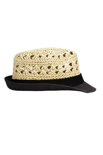 A closeup shot of a straw hat isolated on white background
