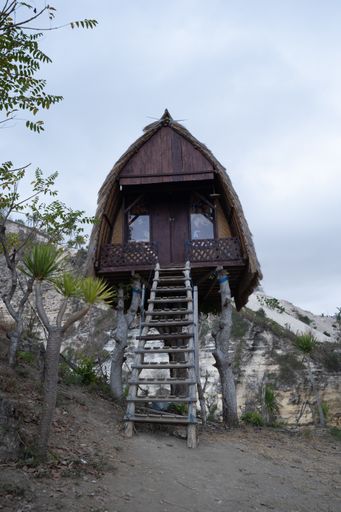 A low angle shot of a beachside treehouse in Bali, Indonesia