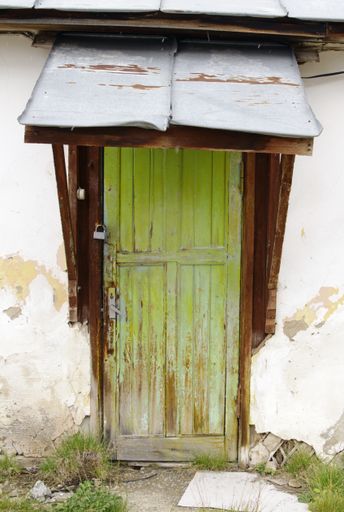 A vertical shot of an old green door on an abandoned building