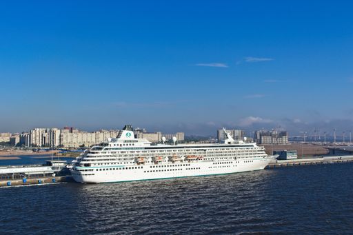 A cruise ship docked next to the port terminal in St Petersburg, Russia.