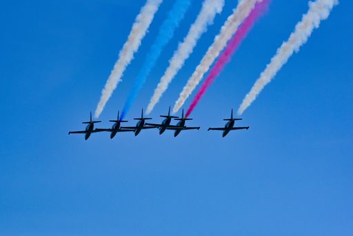 A low angle shot of Patriots Jet Team during Fleet Week