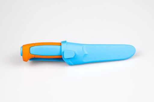 A closeup shot of a knife with a blue cover on an isolated background