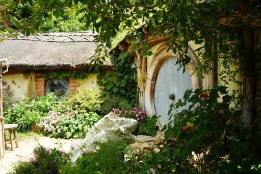 A beautiful shot of a small wooden house in the garden surrounded by flowers and lush nature
