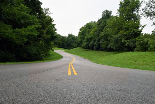 An empty road in the middle of grassy fields with green trees under a cloudy sky