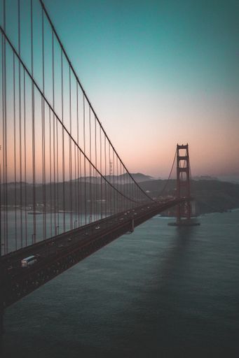 An aerial shot of the Golden Gate bridge during a beautiful sunset