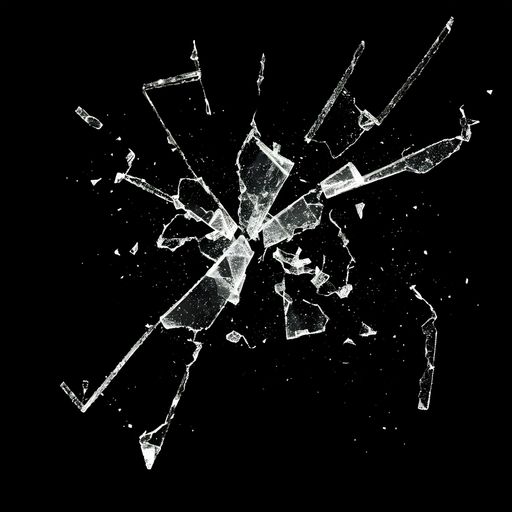 This stock photo features a broken glass window on a black background, with some smaller pieces of broken glass scattered around