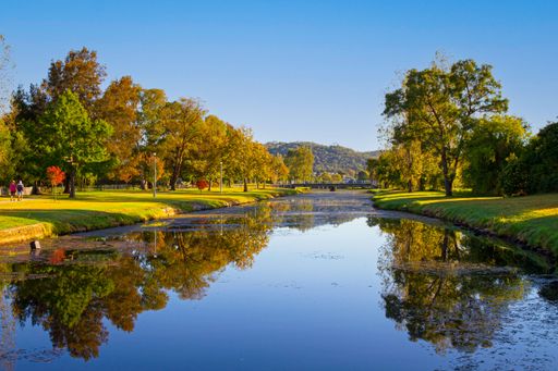 A scenic river surrounded by lush green foliage in a serene natural setting in Stanthorpe, Australia,
