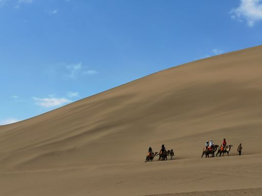 A group of people riding camels down a sand dune hill in a beautiful setting