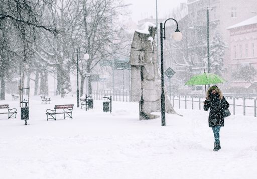 A city park covered with snow in winter