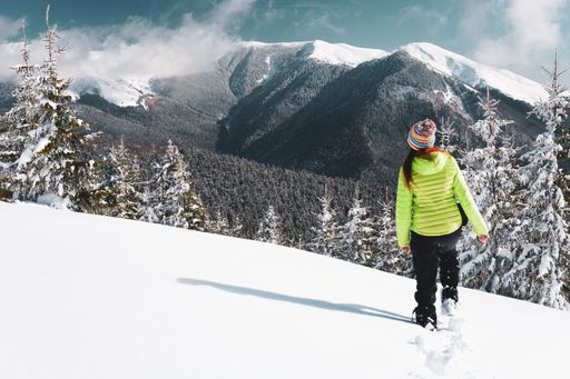 A beautiful shot of a female walking on a slope overlooking a forest during winter