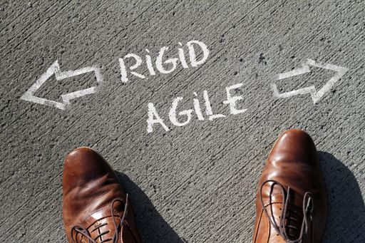 A high angle shot of rigid and agile marked with opposite directions on the ground