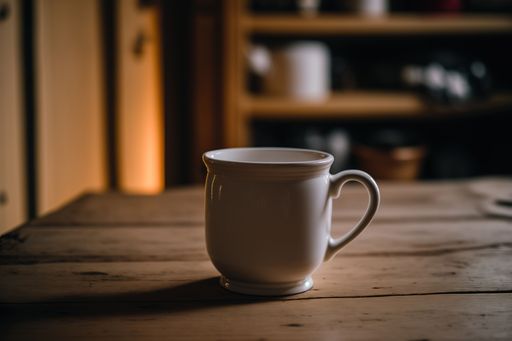 This is a stock photography of a cup sitting on top of a table next to a laptop