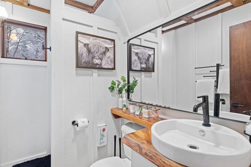 A bathroom wooden white interior design featuring a countertop next to a large wall mirror