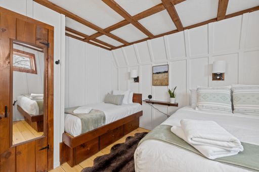 A comfortable simple bedroom with two twin beds side by side