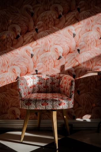 An antique armchair illuminated by natural sunlight in front of a flamingo-patterned wall