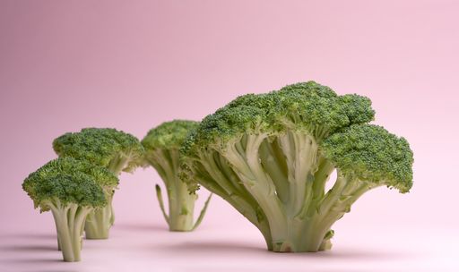 A closeup shot of broccoli on a pink background