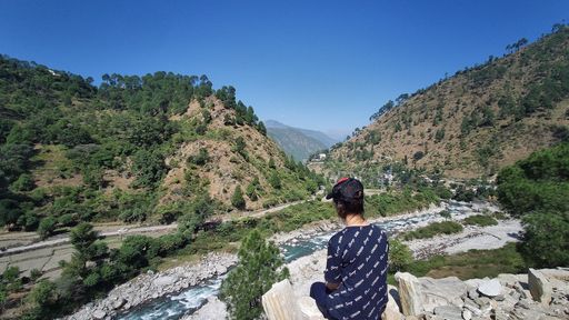 A back view of a girl enjoying the beautiful view of a river near a forest
