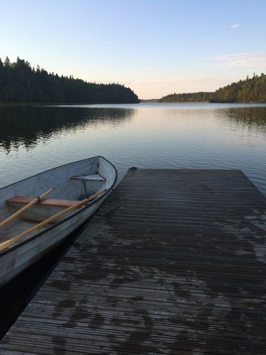 A vertical shot of a boat near the dock on the water surrounded by trees