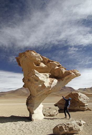 A vertical shot of the Arbol de Piedra with a person standing near it