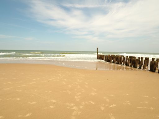 A landscape shot of a sandy beach with a wooden breakwater on the sides in a clear sunny blue sky