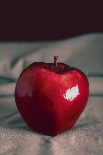 Red apple on a gray table cloth and black background. Minimalist image that looks like a painting. Simple still life of a single apple.