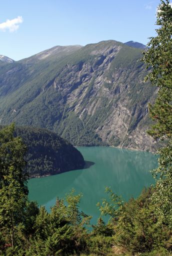 A vertical shot of a lake in the middle of a forested mountain under a blue sky