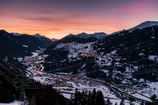 The Austrian Alps overlooking Serfaus at beautiful sunset